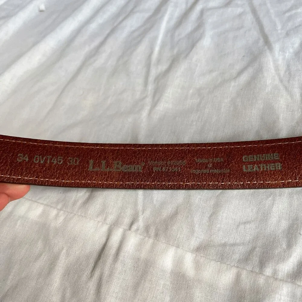 LL Bean Leather Belt Solid Brass Buckle USA Made Brown Casual Heritage 34